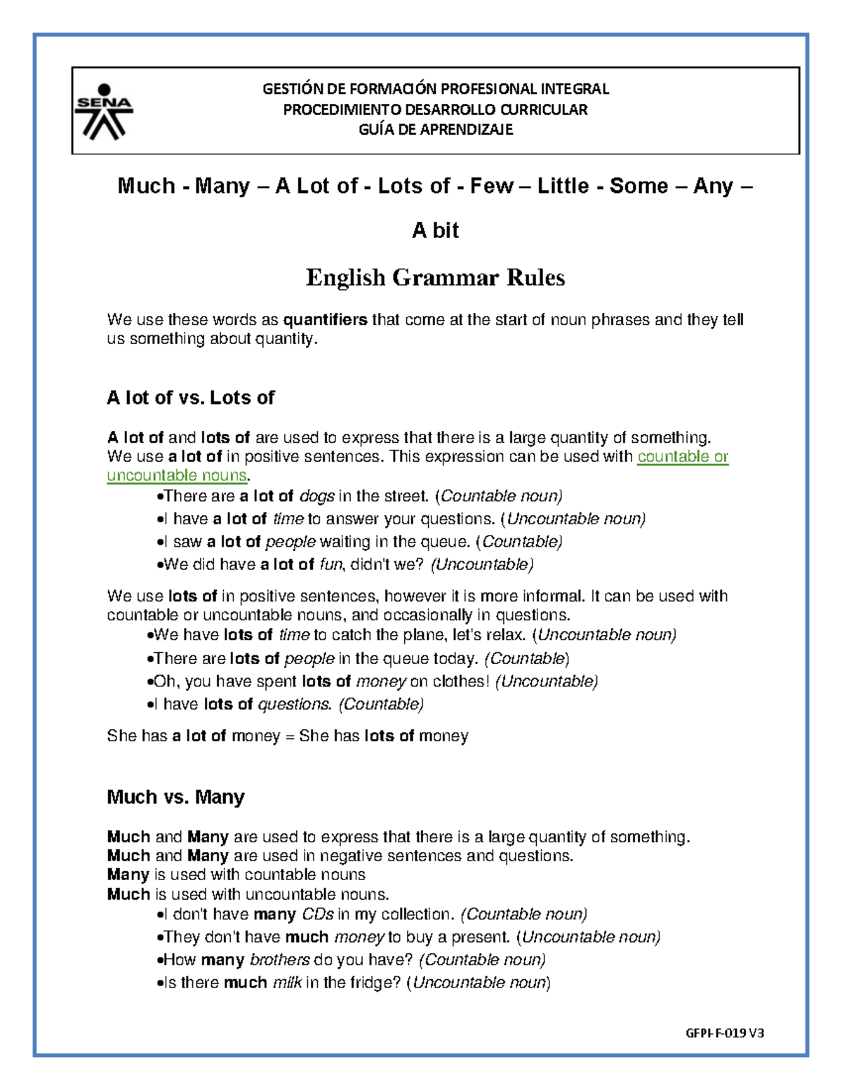 Guia 25 Quantifiers - Much Many A Lot of Few Little - GESTIÓN DE ...