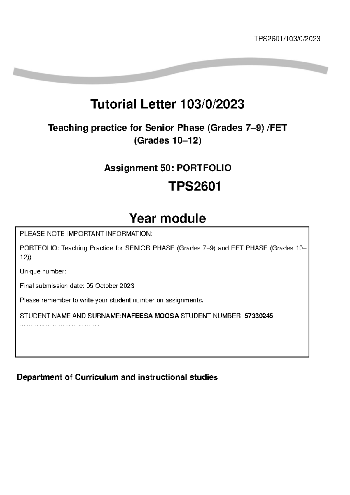 TPS2601 Teaching Practice Portfolio & Guidelines - Submission 57330425 ...