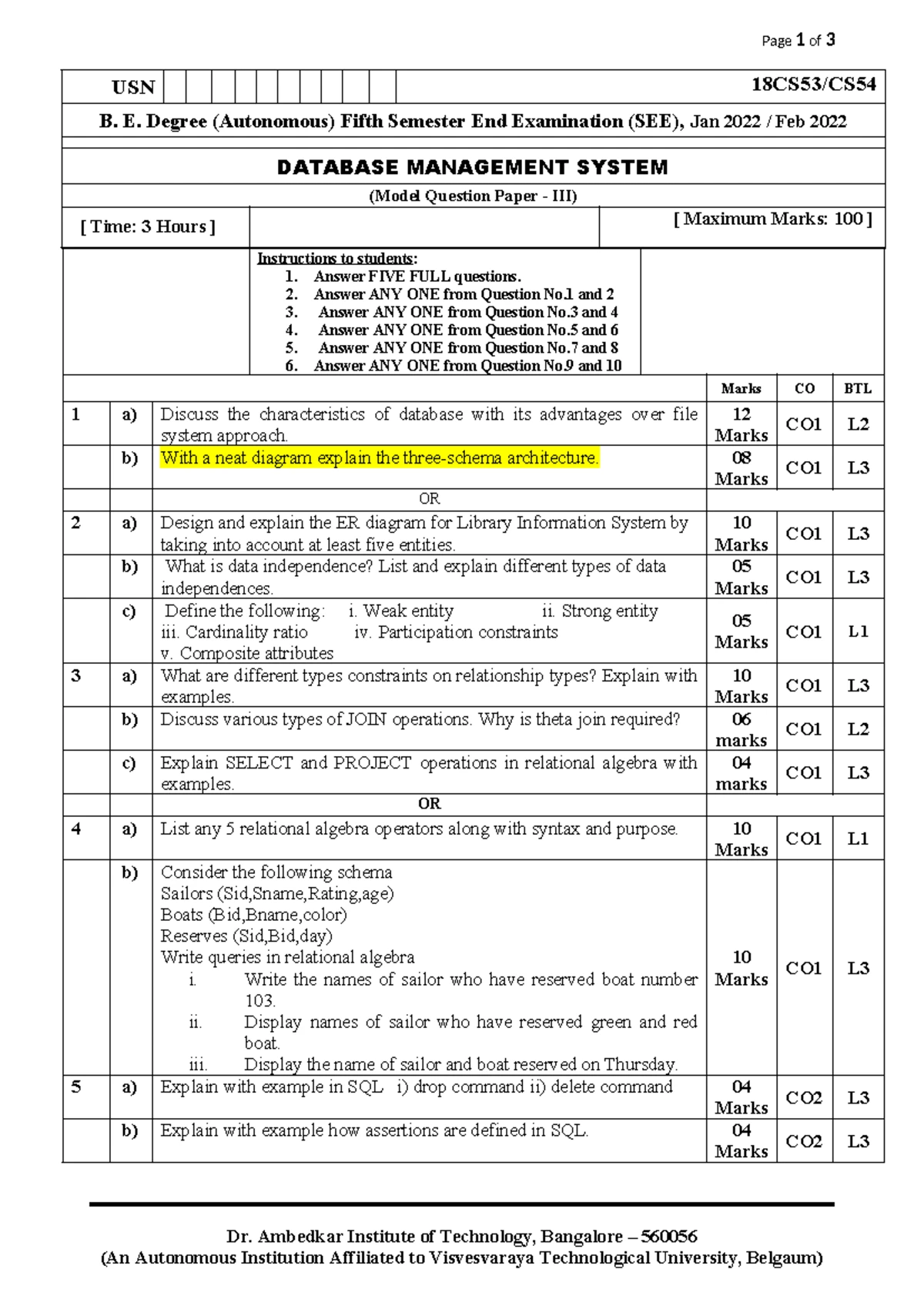 18CS53 DBMS Model Question Paper - II (SEE, Jan/Feb 2022) - Studocu