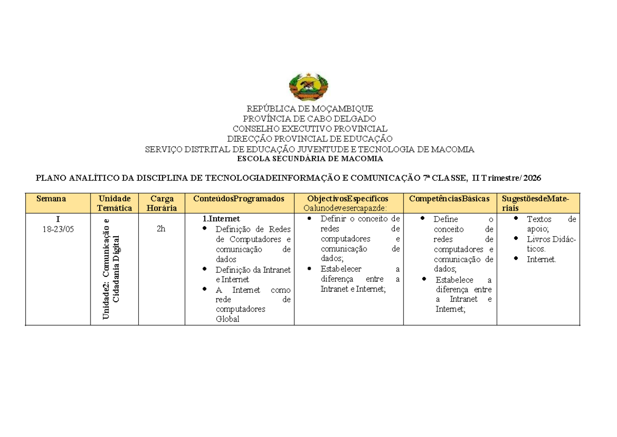 Plano Analítico de TIC 7ª Classe II - Macomia 2026 - Document Preview
