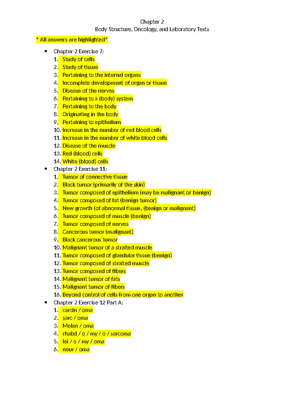Chapter 2 Textbook Exercises: Body Structure & Oncology Insights - Studocu