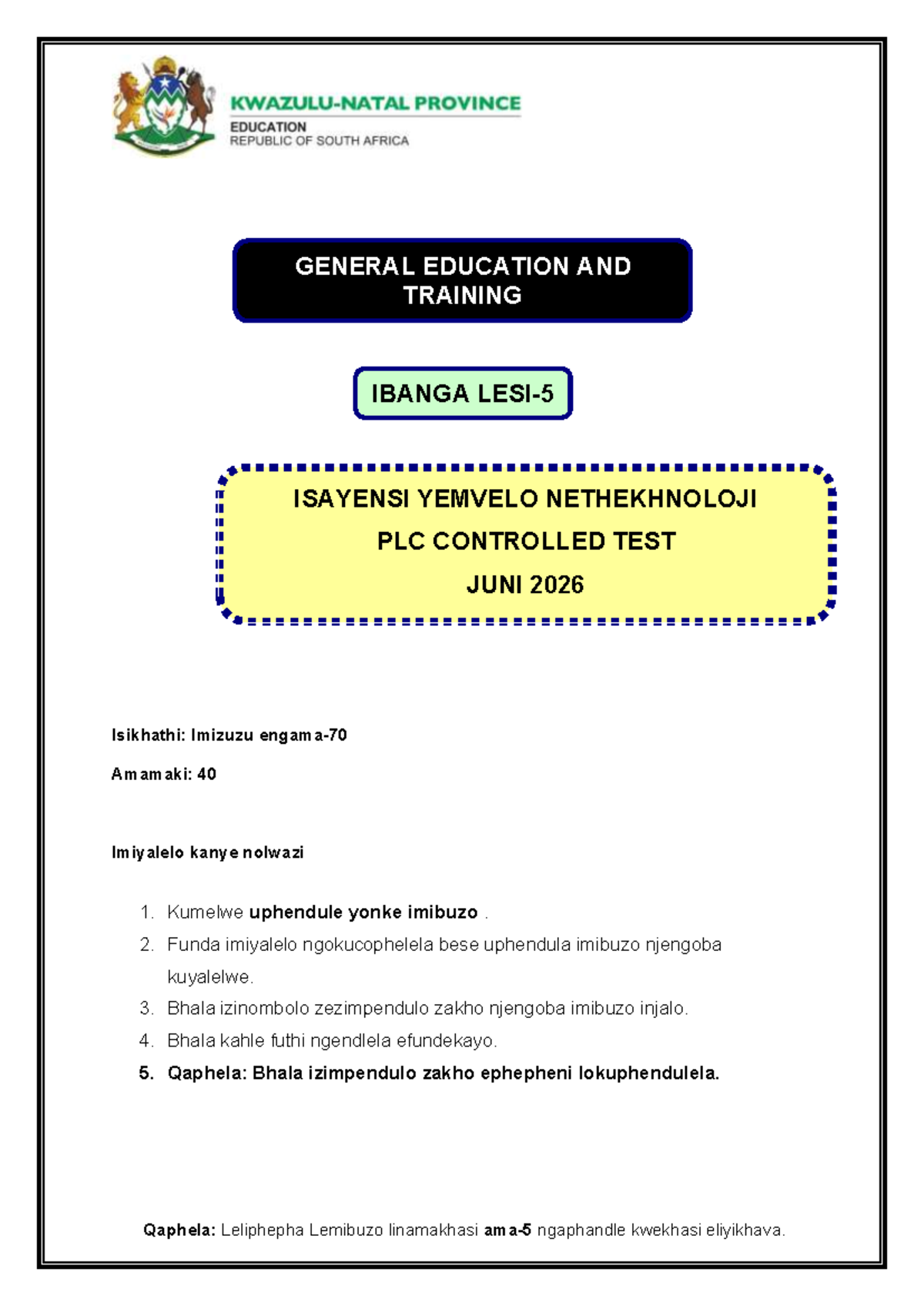 NS-Tech Grade 5 Isi Zulu PLC Controlled Test - June 2026 - Studocu