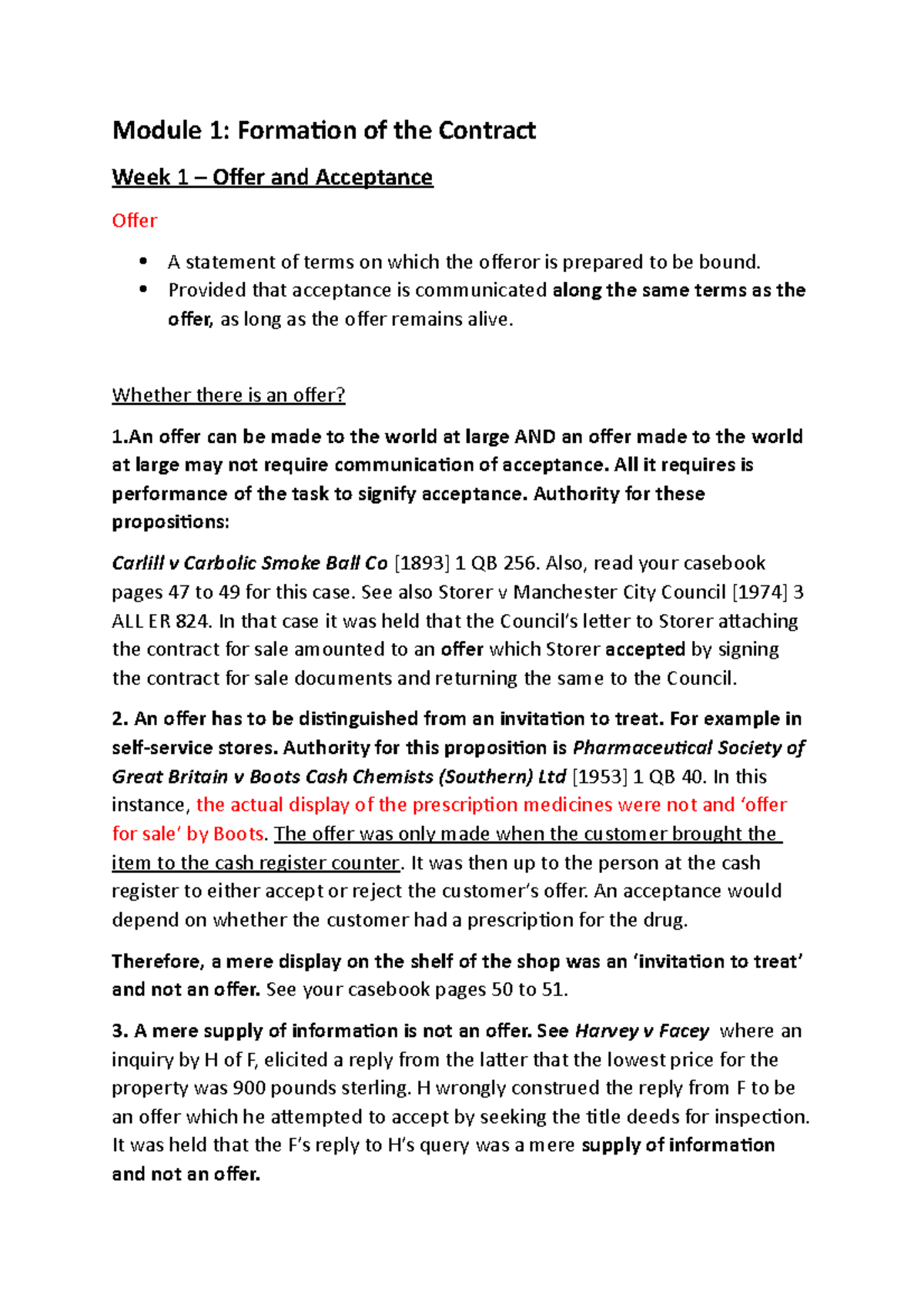 Tutorial Questions - Module 1: Formation of the Contract Week 1 – Offer ...