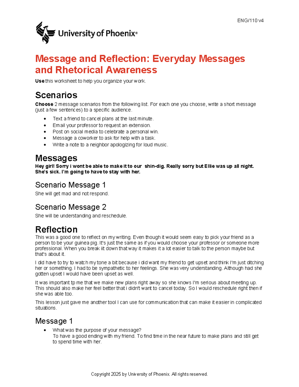 Eng110 v4 Week 1: Message Scenarios & Rhetorical Reflection - Studocu