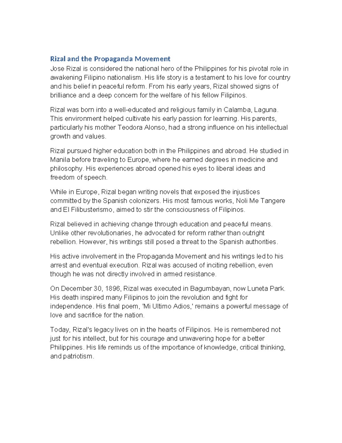 Rizal & the Propaganda Movement: A Legacy of Patriotism & Reform - Studocu