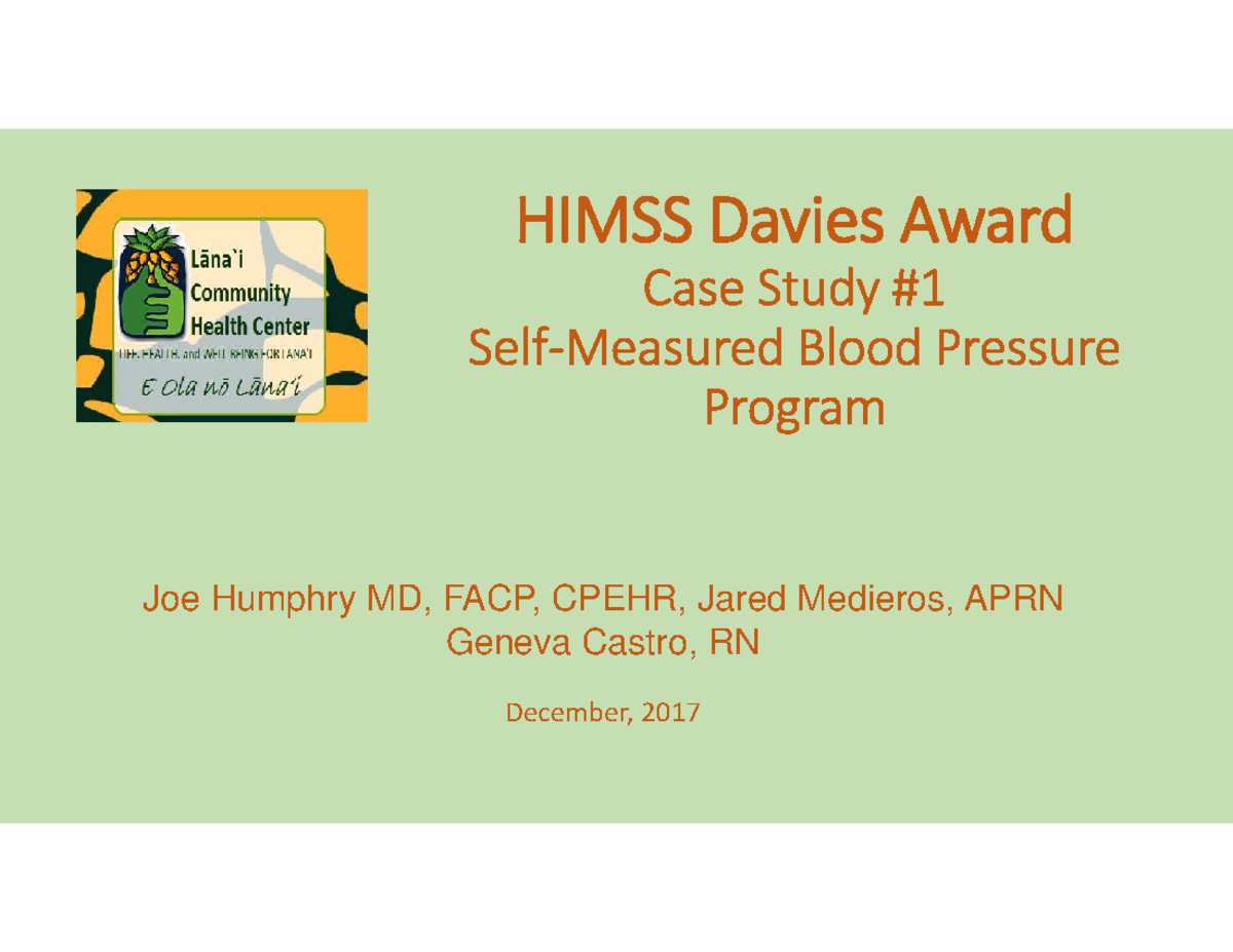 HIMSS Davies Award Case Study: Blood Pressure Program Overview - Studocu
