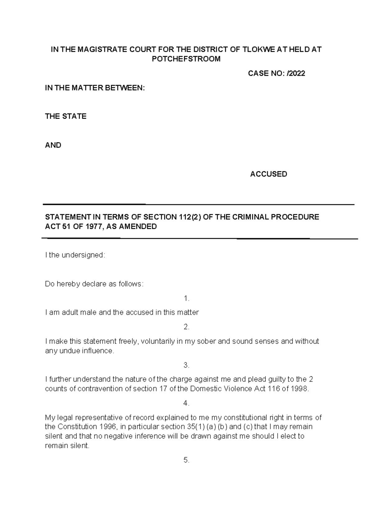 Example of Plea for Contravention of Protection Order in Case #TLOKWE ...
