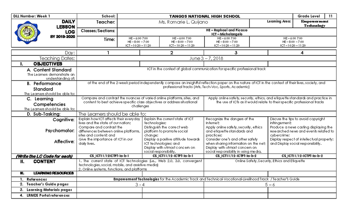 Empowerment Technology Lesson Plan - Grade 11 (SY 2019-2020) - Studocu