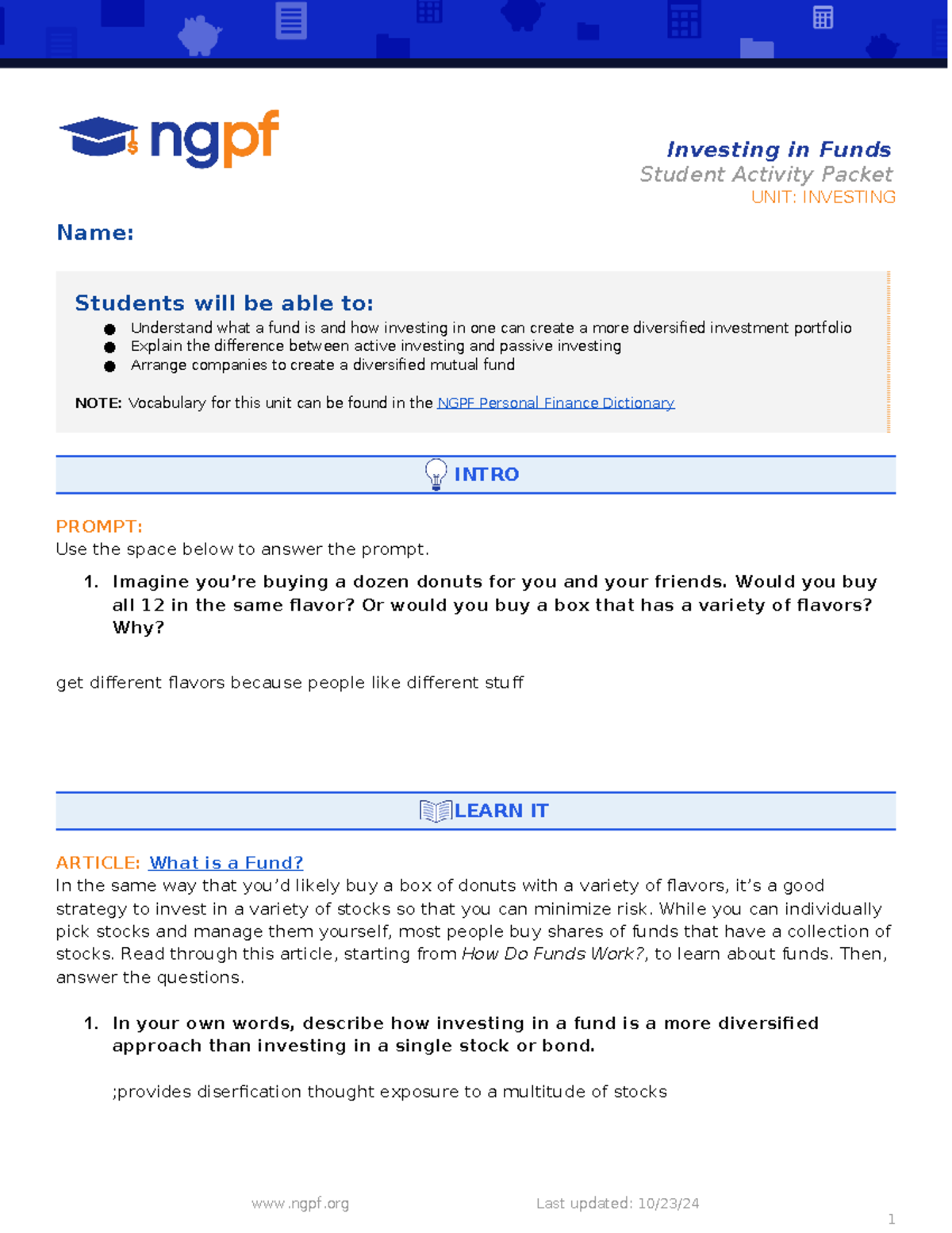 3-6 funds notes - xxxx - Investing in Funds Student Activity Packet ...