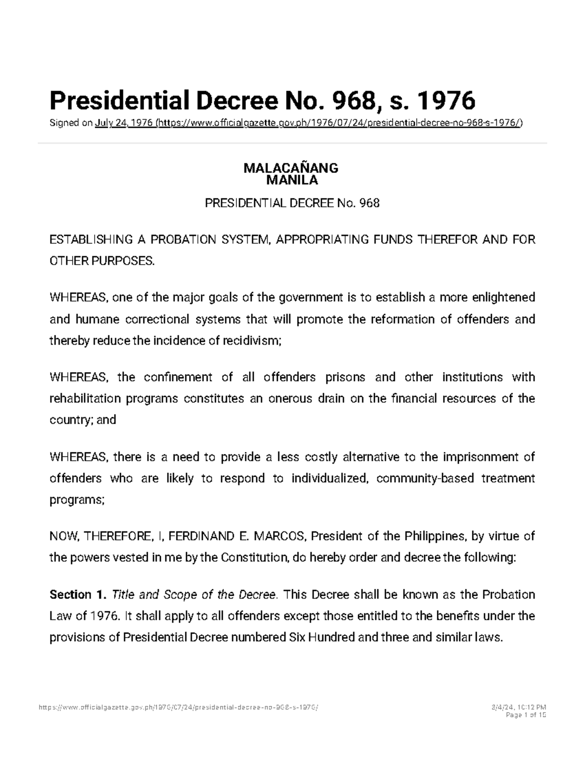 Presidential Decree No. 968, s. 1976 Official Gazette of the Republic ...