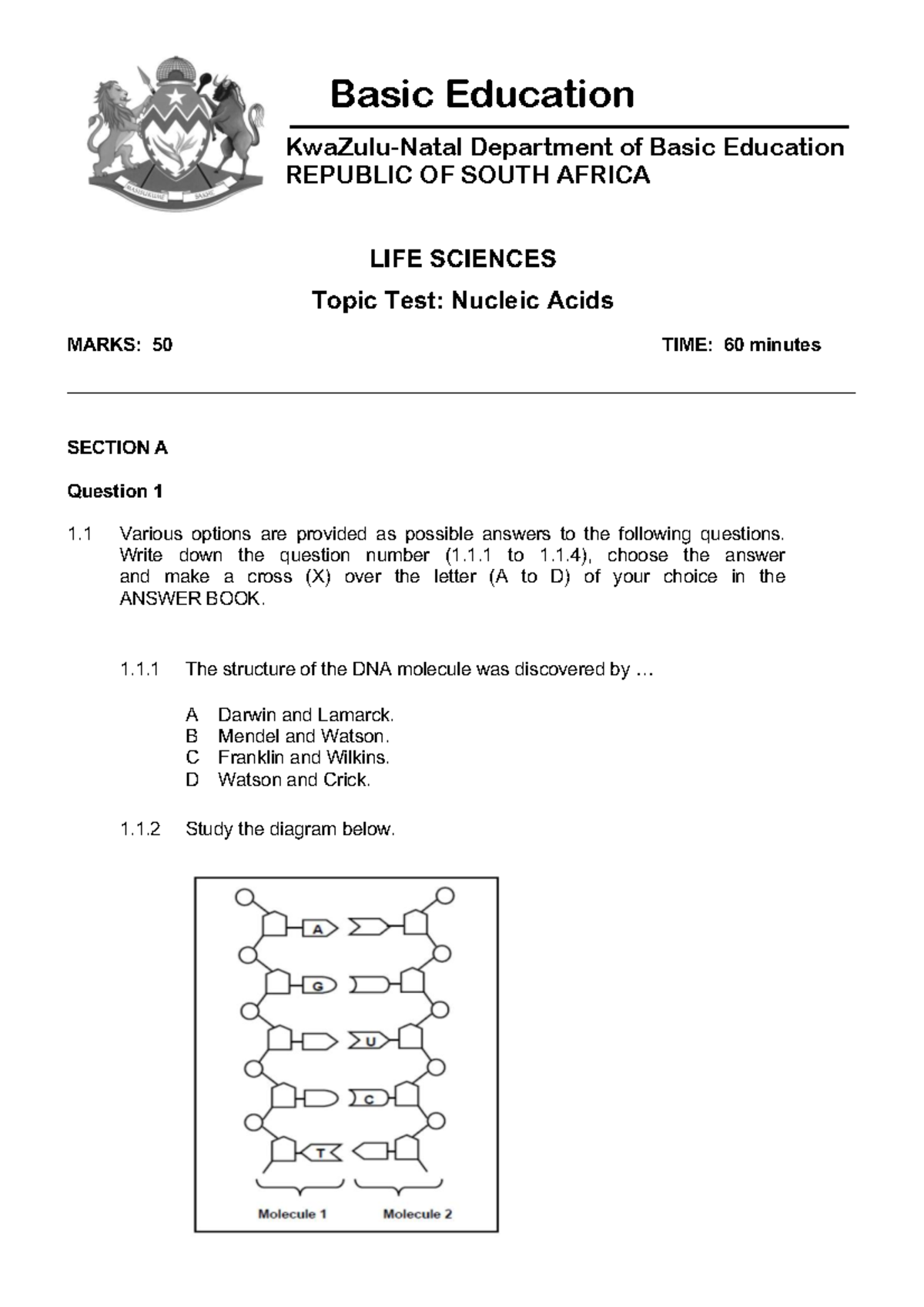 Grade 12 Life Sciences Topic Test: Nucleic Acids & Meiosis - Studocu