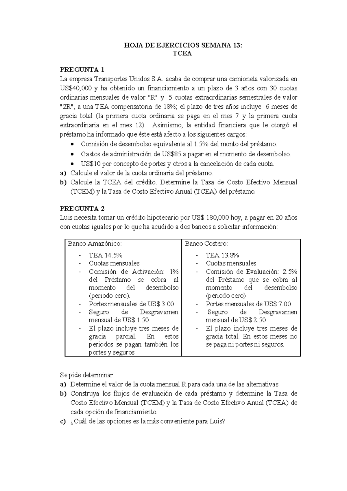Ejercicios de Financiamiento y Tasa de Costo Efectivo - TCEA 13 - Studocu