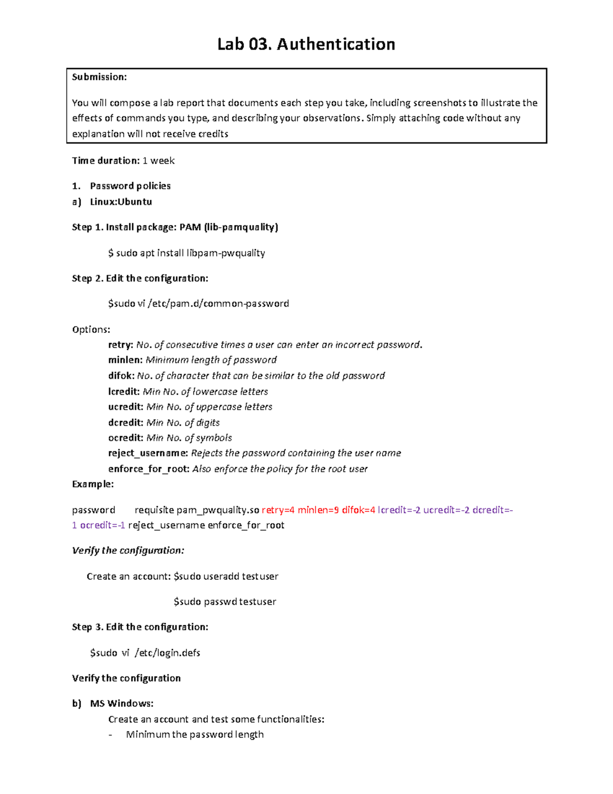 Lab 03: Authentication Report and Configuration Steps - Studocu