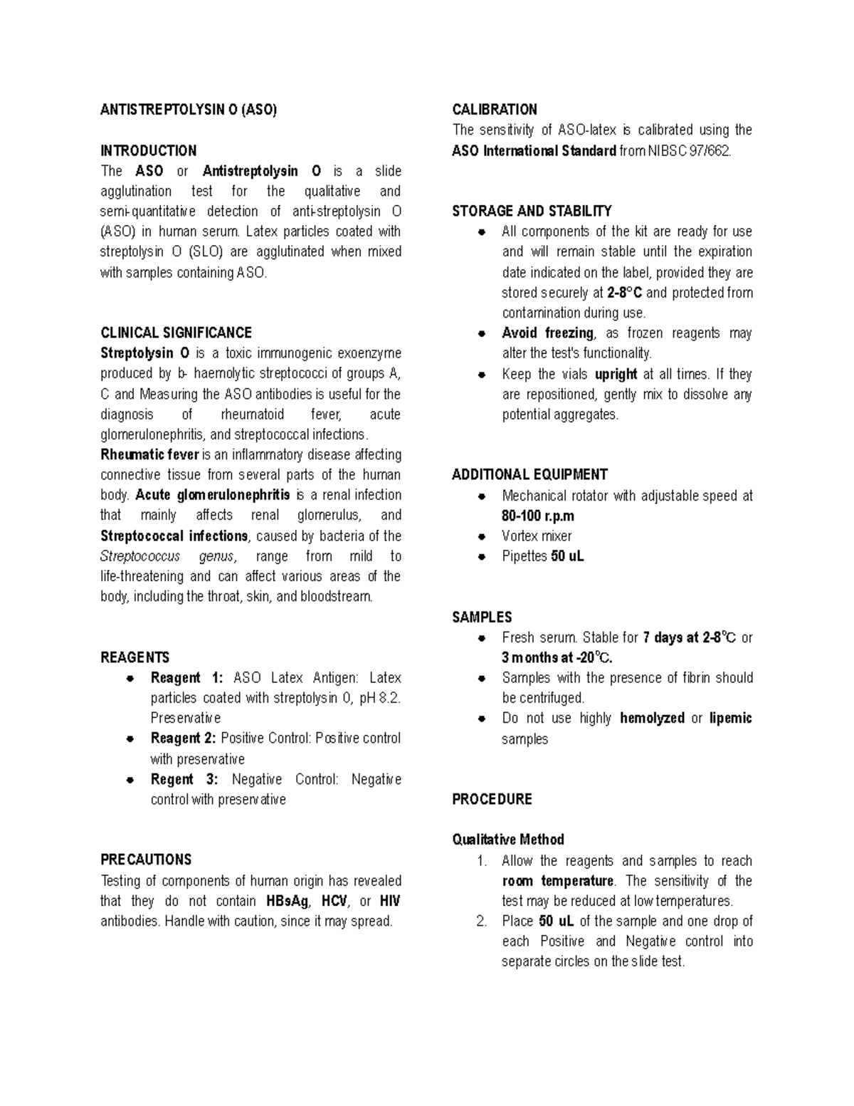 Antistreptolysin O (ASO) Test: Overview and Procedure Guide - Studocu