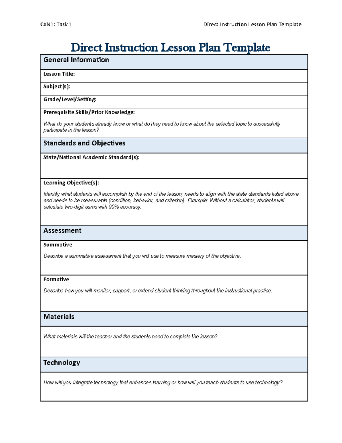 CXN1: Direct Instruction Lesson Plan Template for Effective Teaching ...