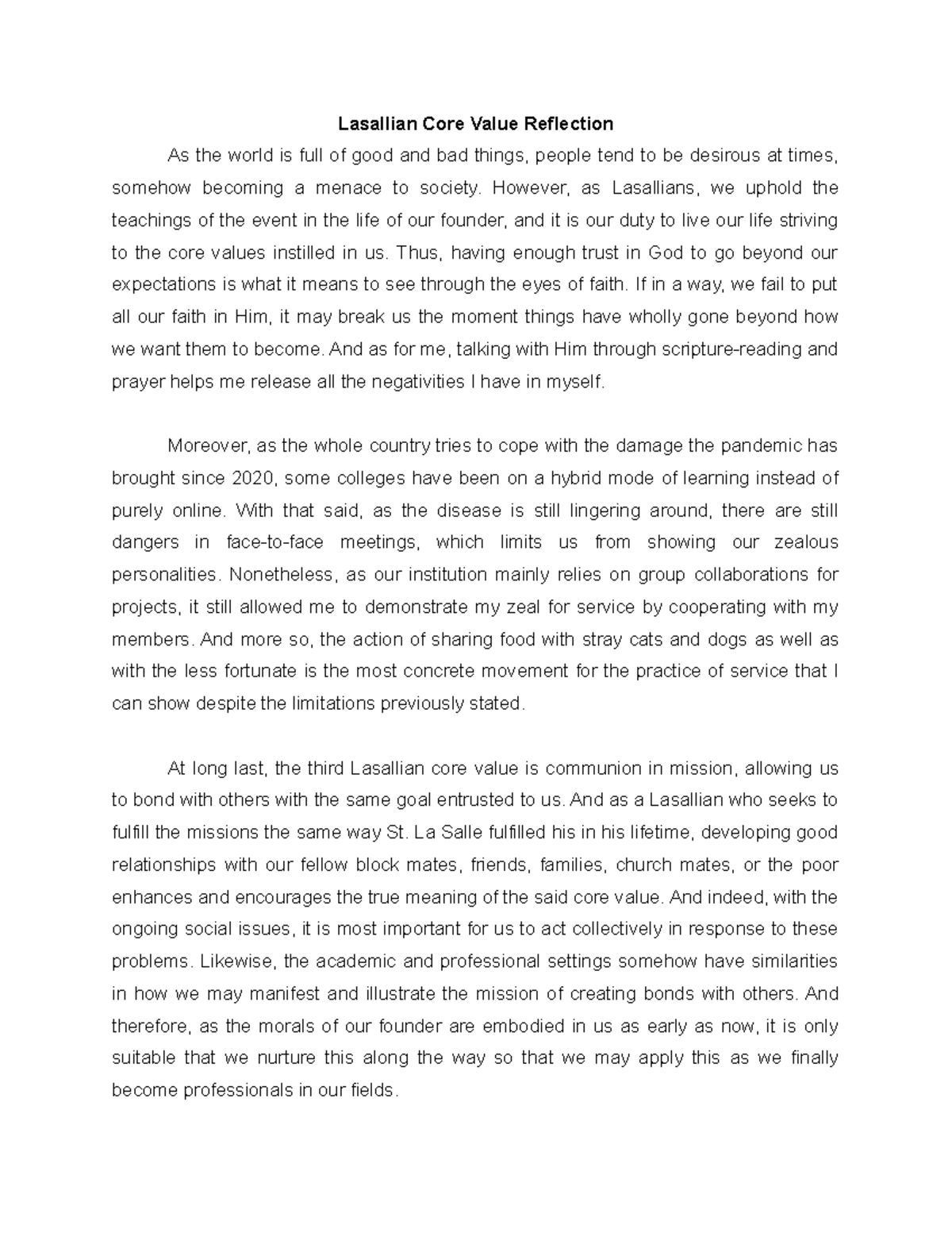 Lasallian Core Values Reflection: Faith, Service, and Community ...