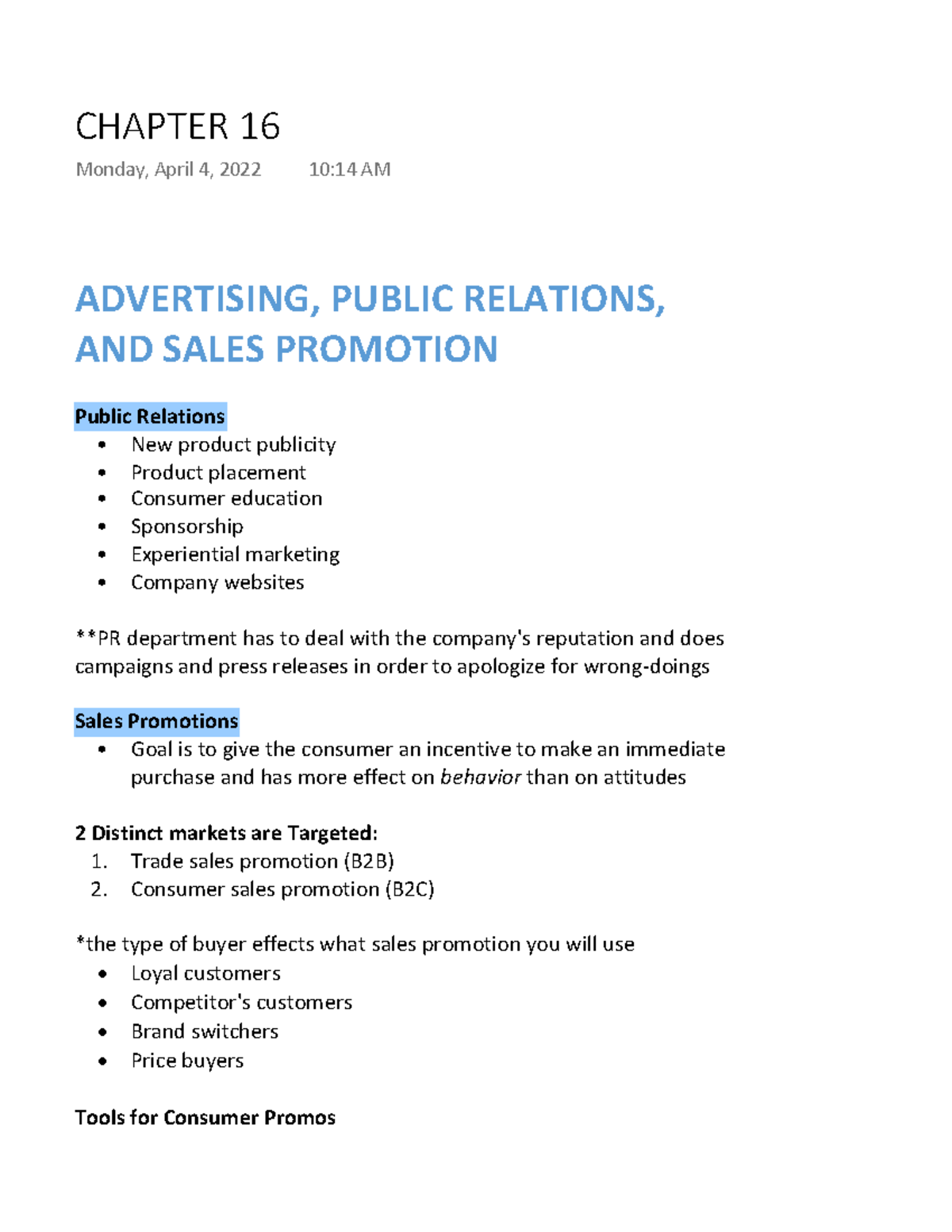 Marketing Chapter 16: Advertising, PR, and Sales Promotion - Studocu