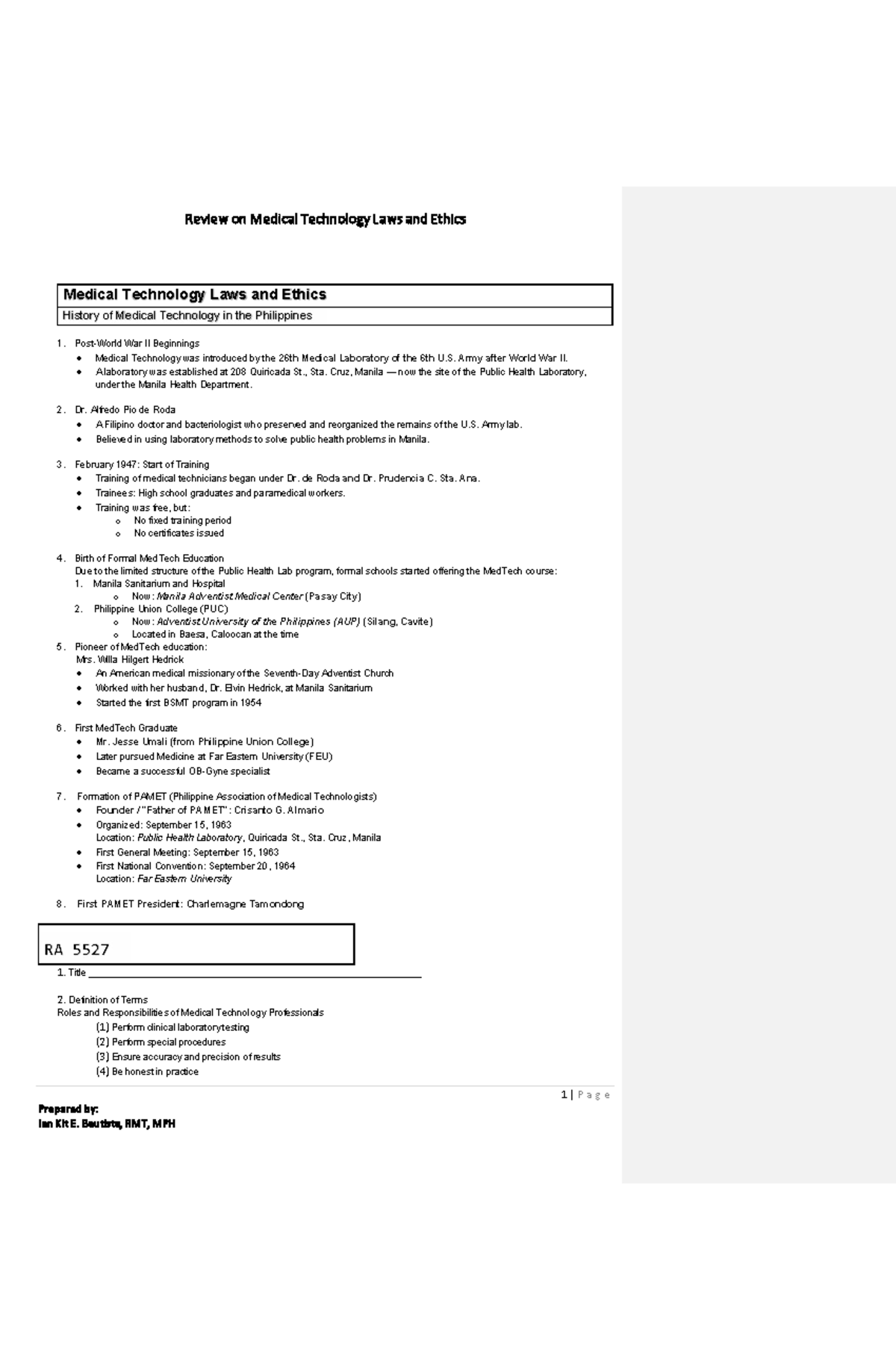 Med Tech Laws & Ethics Review: A Comprehensive Guide (MT 101) - Studocu