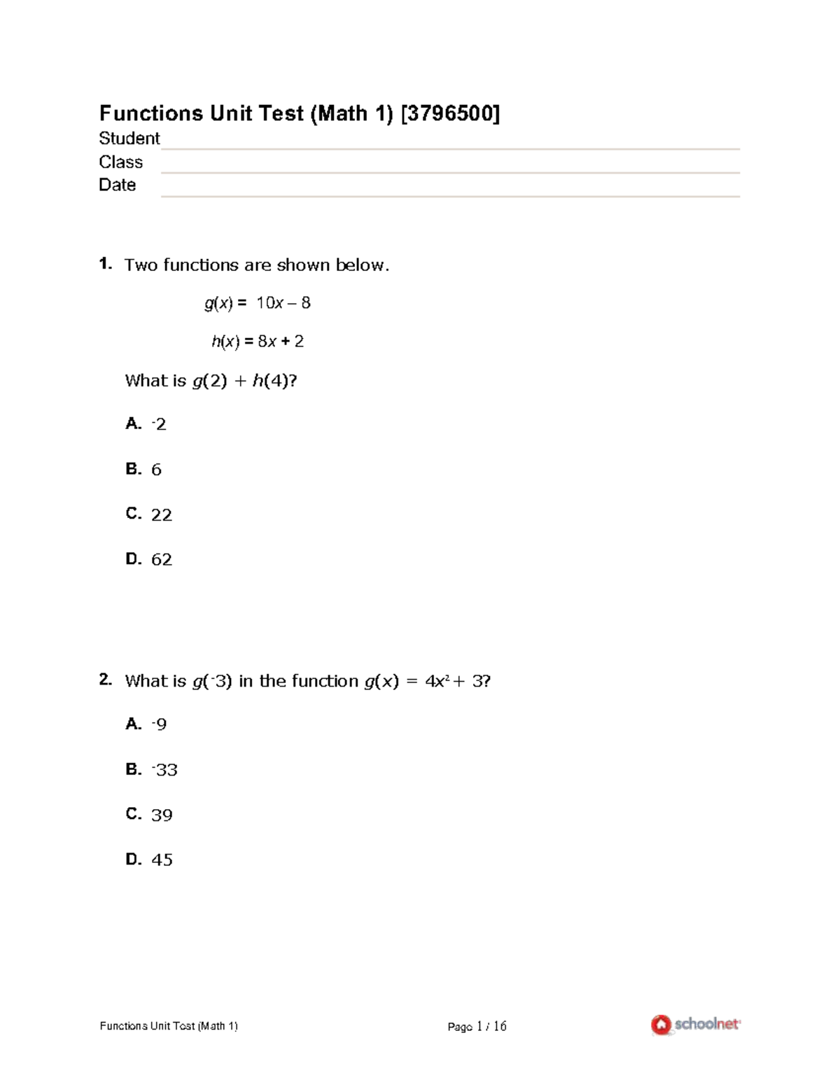 Functions Unit Test (Math 1) - Practice Questions and Solutions - Studocu
