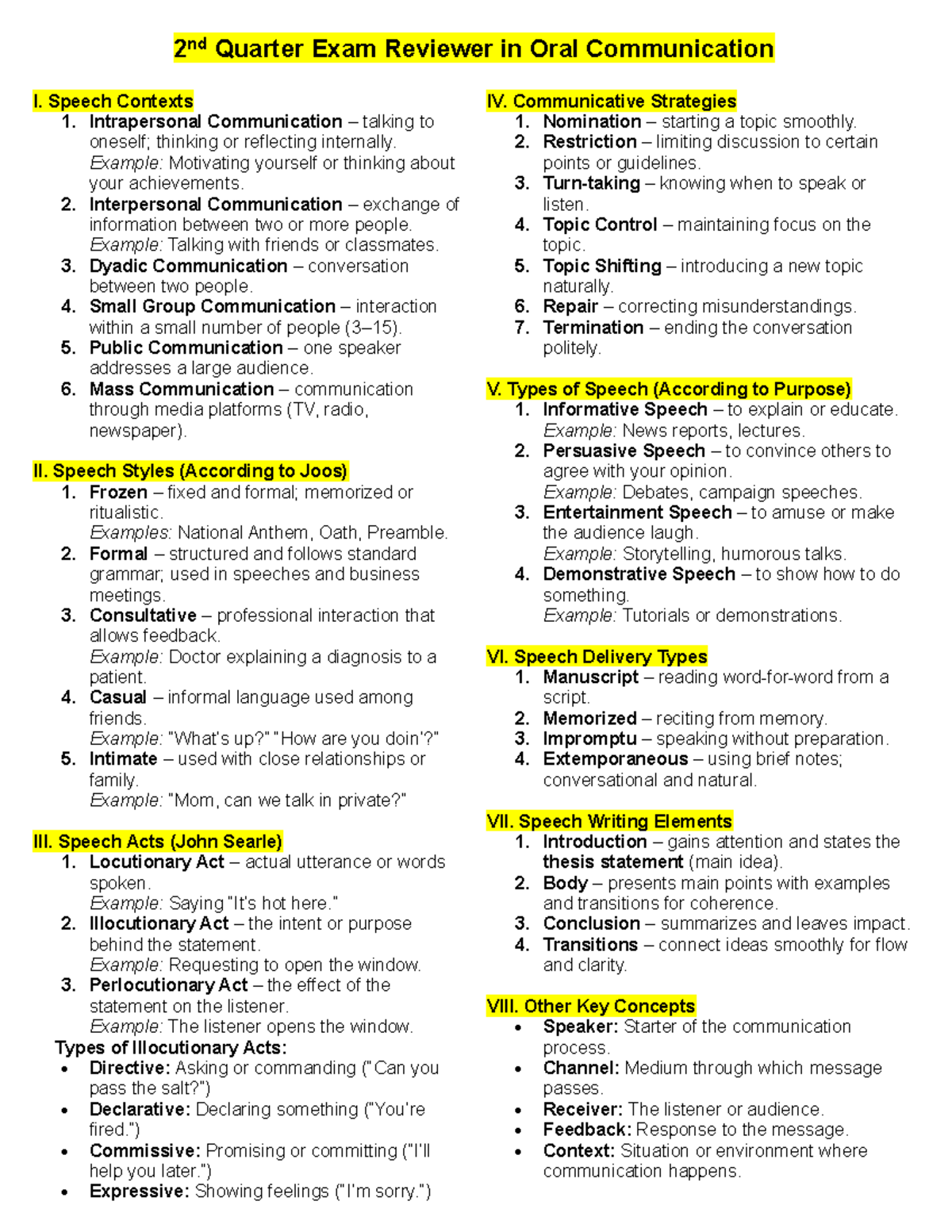 2nd Quarter Exam Reviewer: Oral Communication I Concepts and Contexts ...