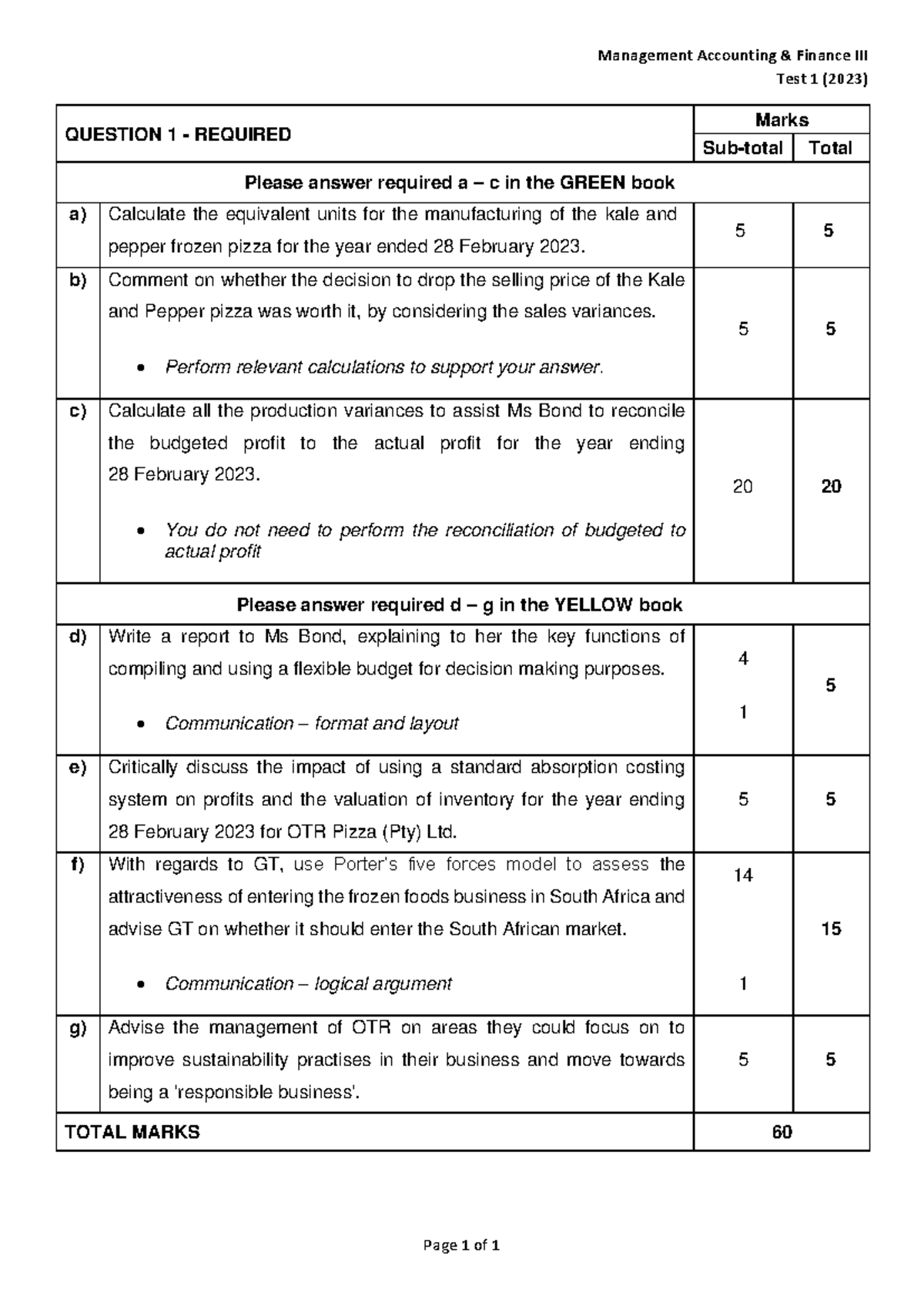 Man Fin III Test 1 (2023) Required - Final - Management Accounting ...