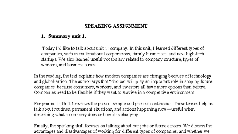 Speaking Assignment 1: Understanding Company Types and Leadership - Studocu