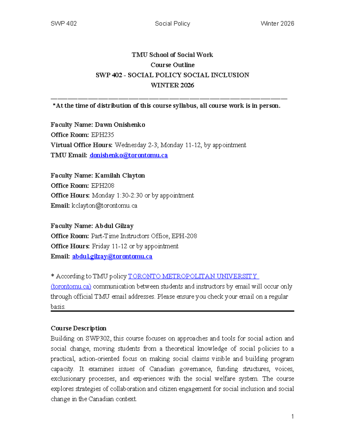 SWP 402 Social Policy Winter 2026 Course Outline and Details - Studocu