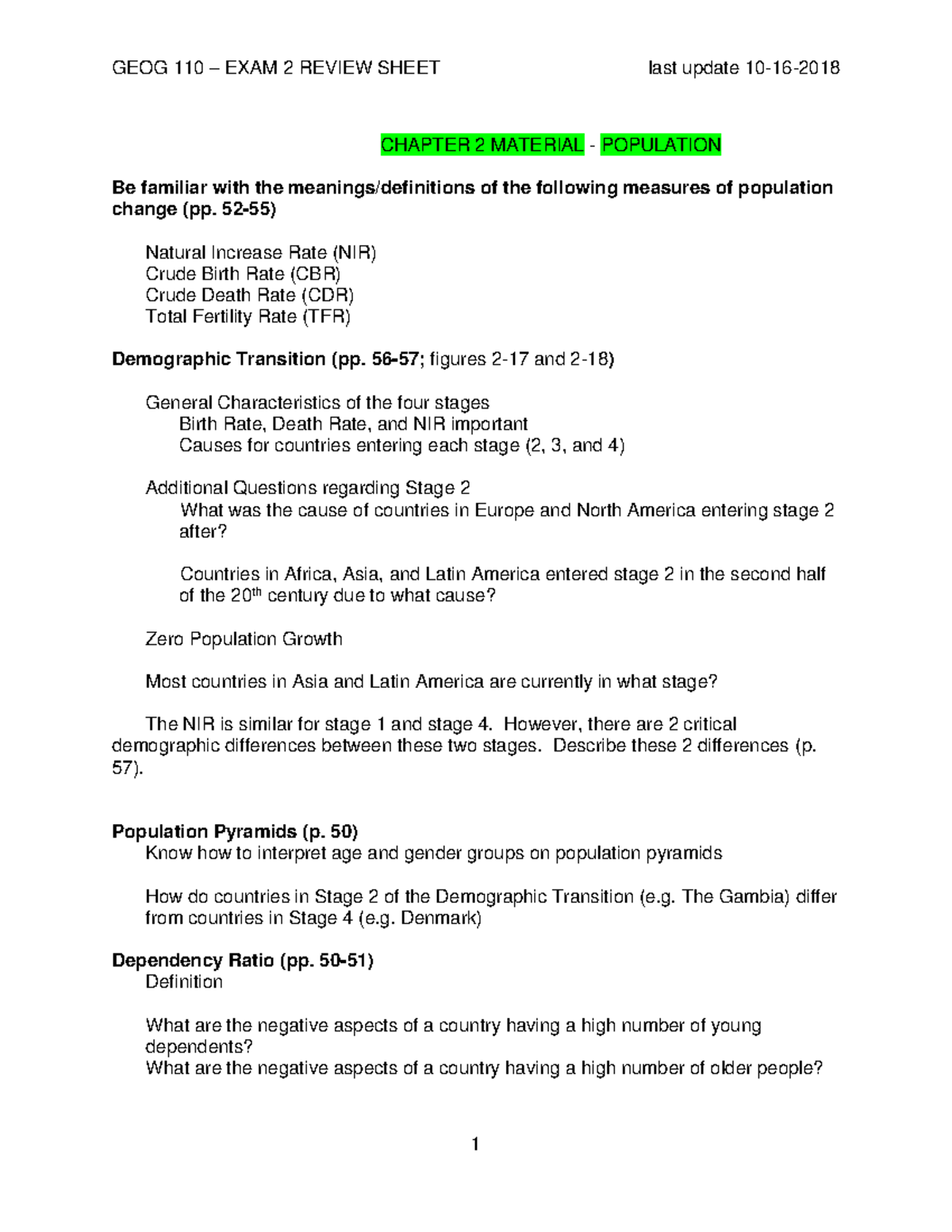 GEOG 110 Final Exam Review Sheet: Chapters 2 & 3 Migration and ...