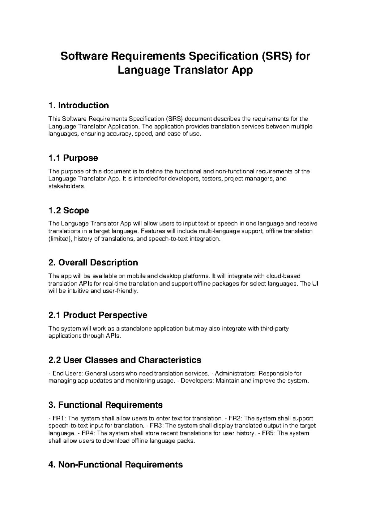 SRS for Language Translator App: Functional & Non-Functional ...