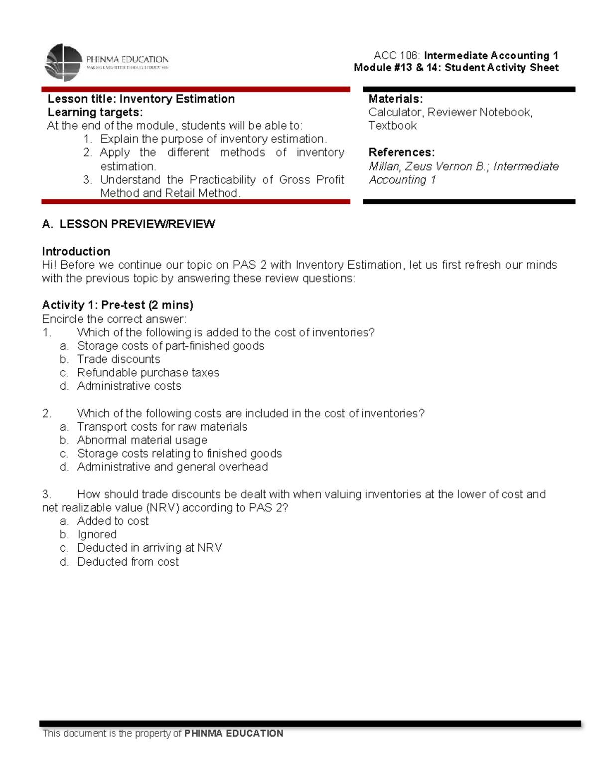 ACC 106: Intermediate Accounting 1 Module 14 - Inventory Estimation ...