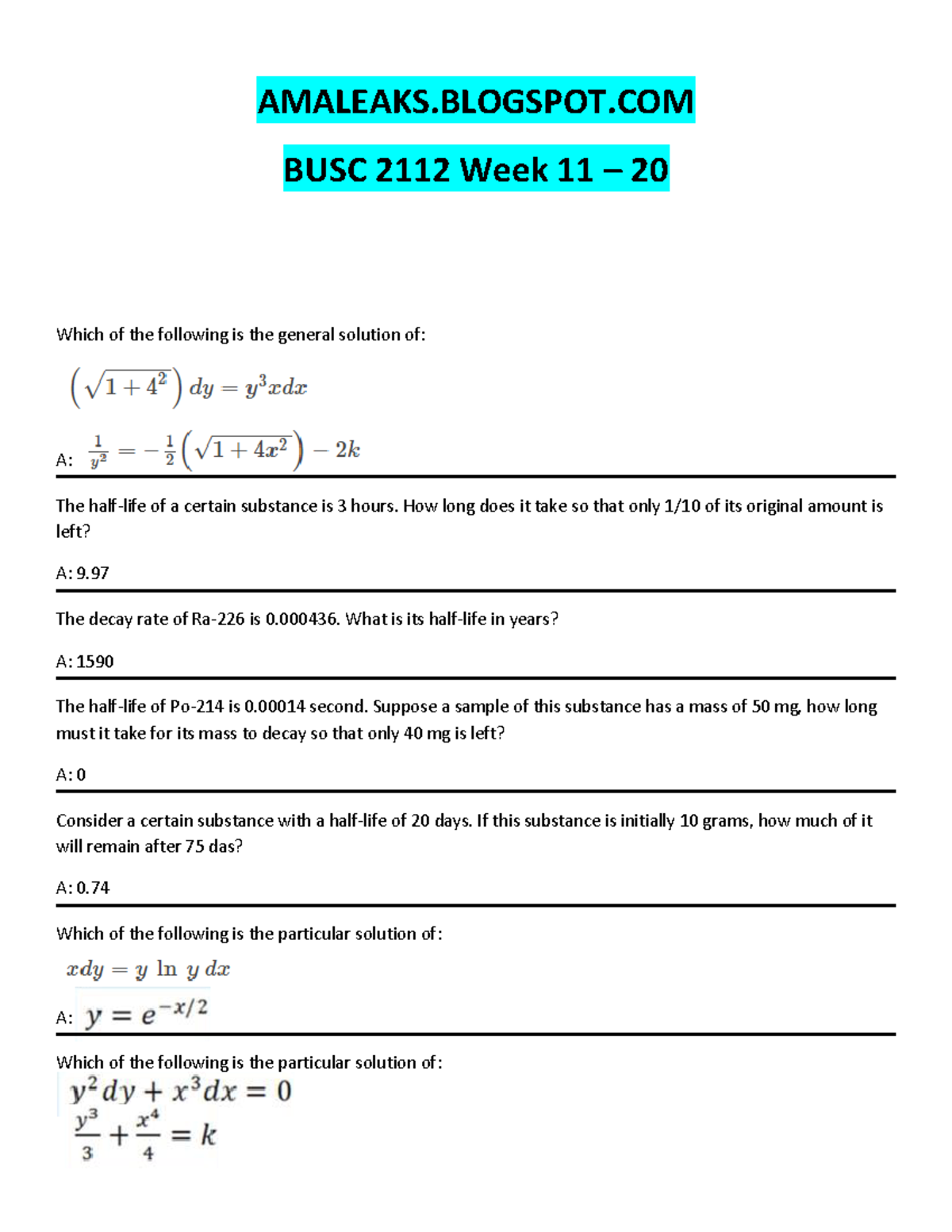 BUSC-112 Week 11-20 Final Exam - Basic Calculus Solutions - Studocu