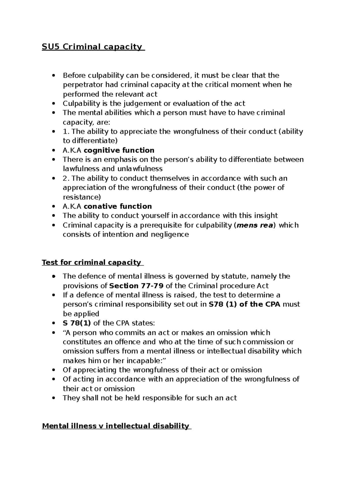SU5 Criminal Capacity: Key Concepts and Legal Framework Summary - Studocu