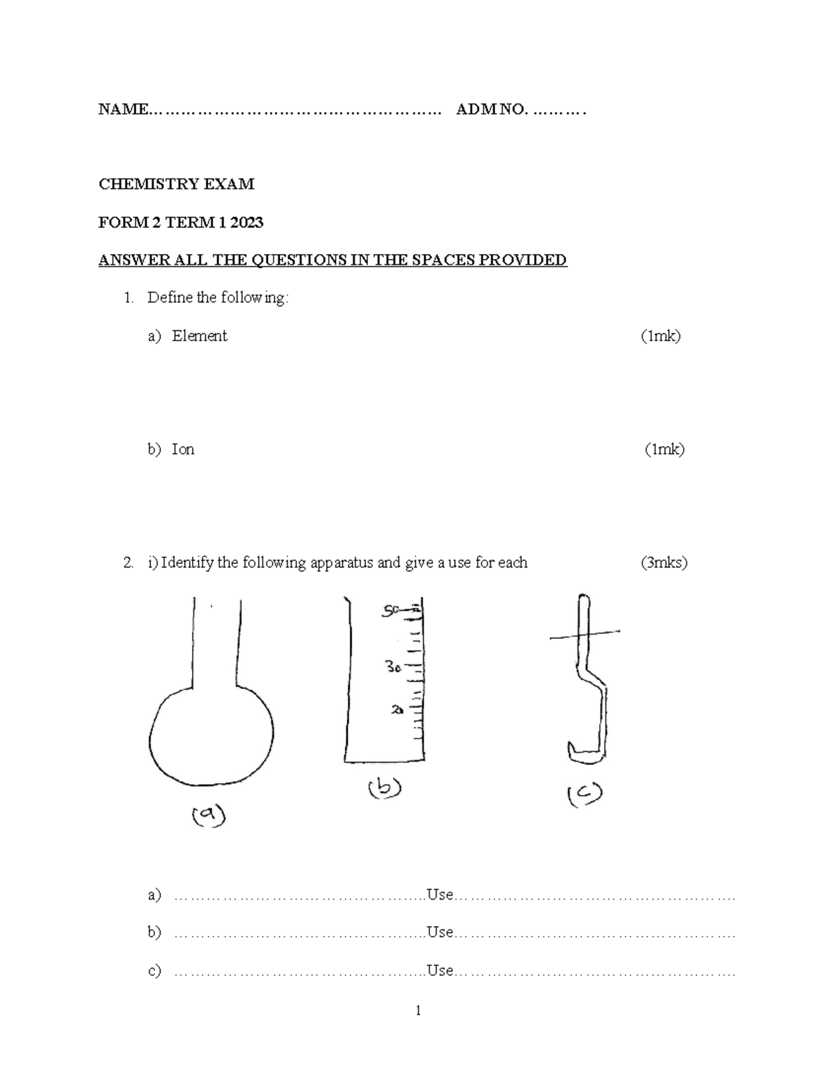 CHEM 101: Chemistry Exam Form 2 Term 1 2023 - Answer Key - Studocu