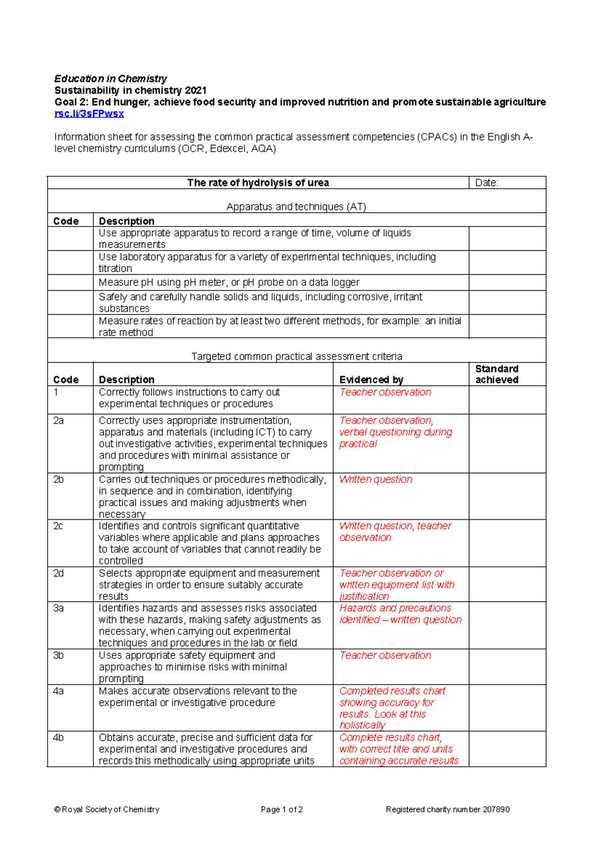 CPAC Assessment Grid for A-Level Chemistry (OCR, Edexcel, AQA) - Studocu
