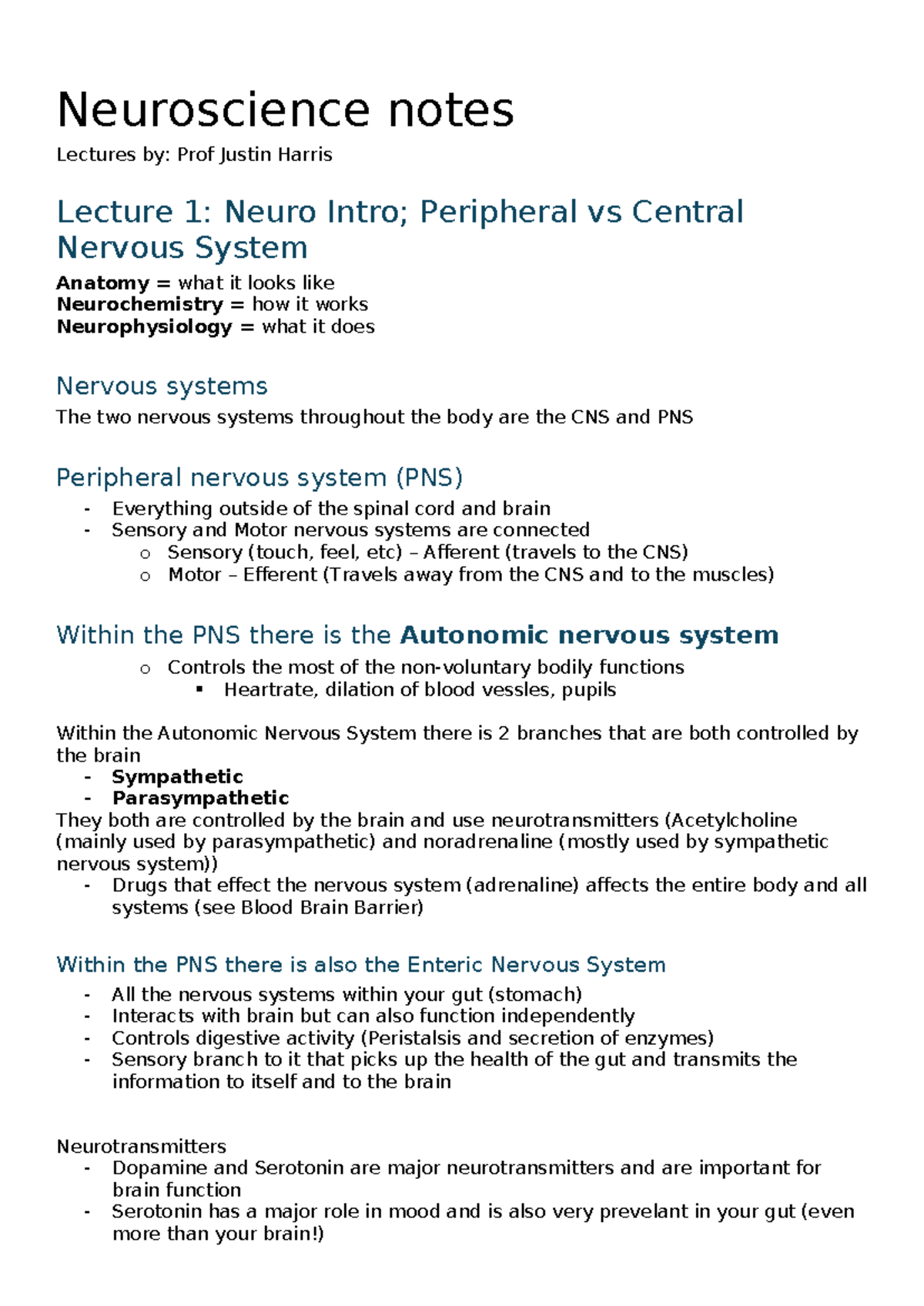 Neuroscience Notes: Lectures on CNS, PNS, Neurophysiology ...