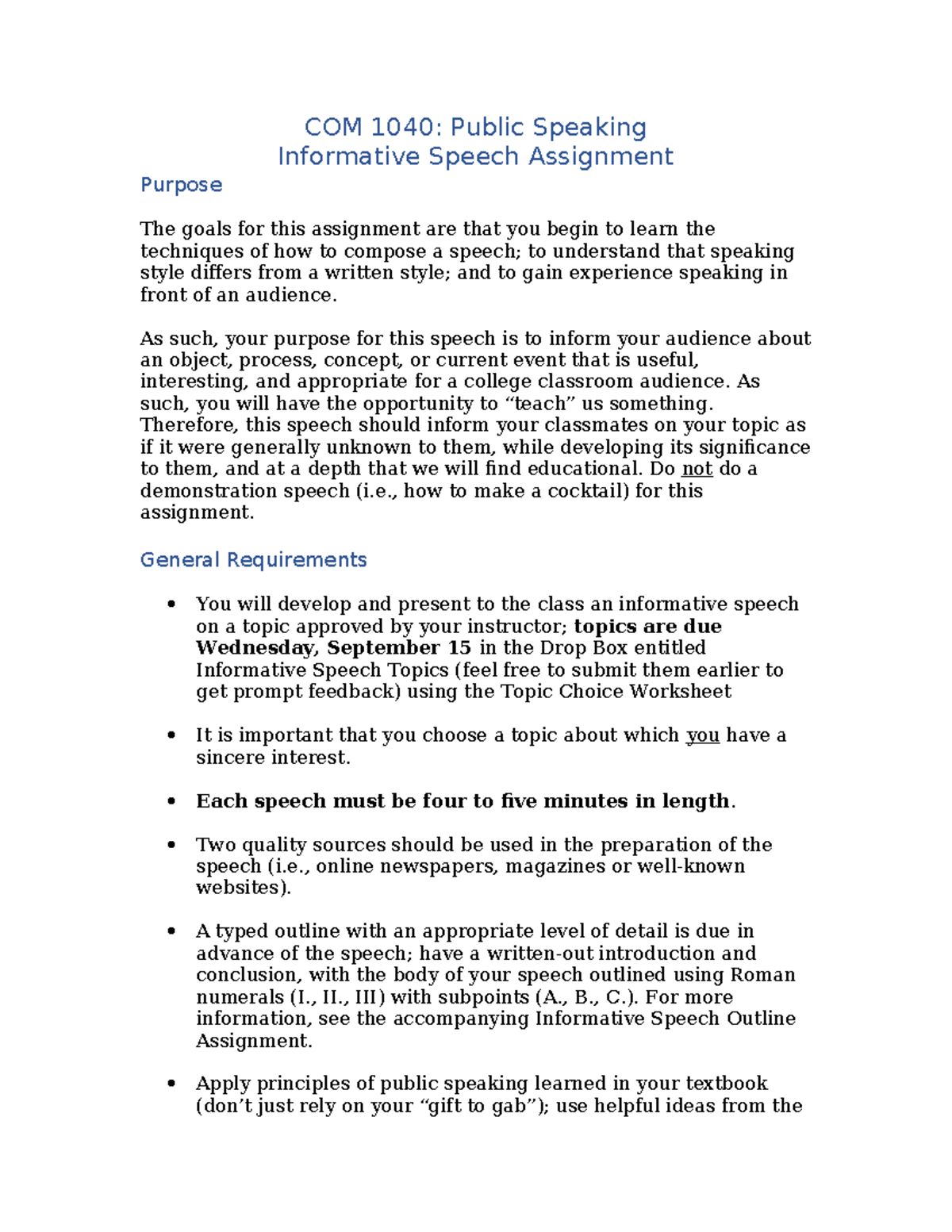 Informative Speech Assignment - COM 1040 Public Speaking Guide - Studocu