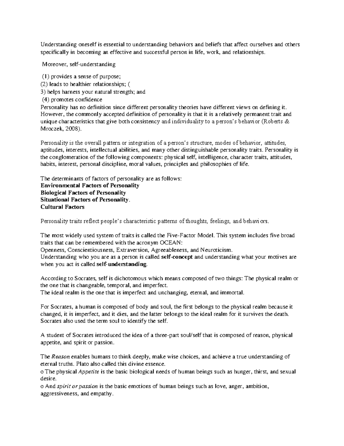 UTS- Review: Understanding Self and Personality in Depth - Studocu