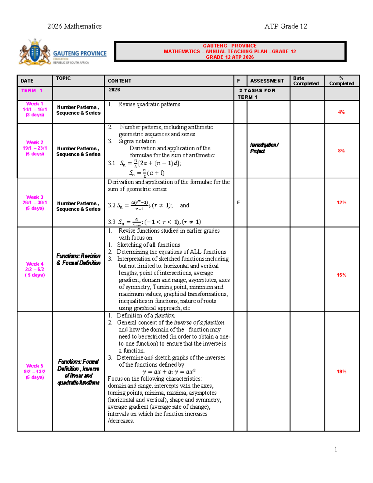 2026 Mathematics ATP Grade 12: Comprehensive Teaching Plan - Studocu