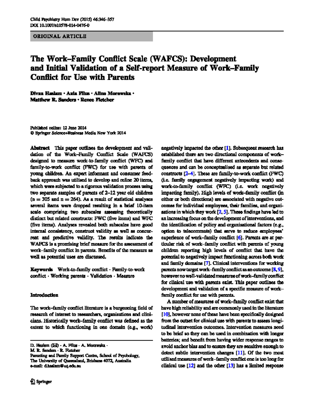 Development and Validation of the Work and Family Conflict Scale (WAFCS ...