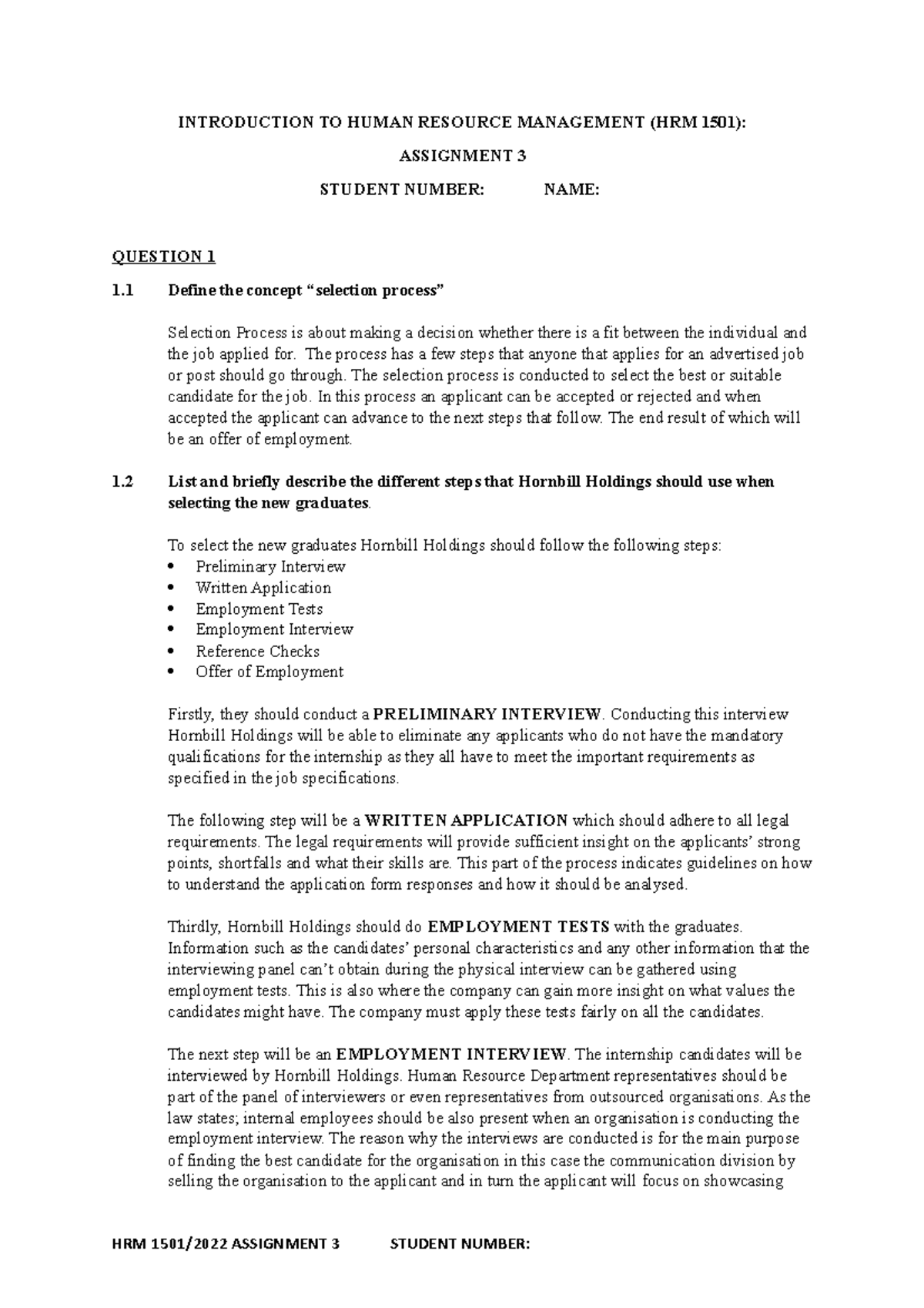 HRM 1501 Assignment 3: Selection Process and Orientation Insights - Studocu