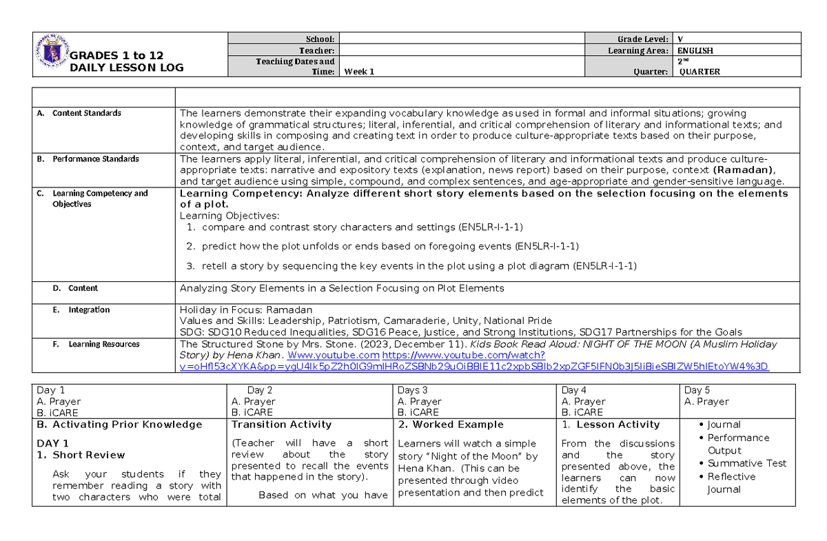 Grade 5 DLL: English 5 Daily Lesson Log for Q2 Week 1 - Studocu