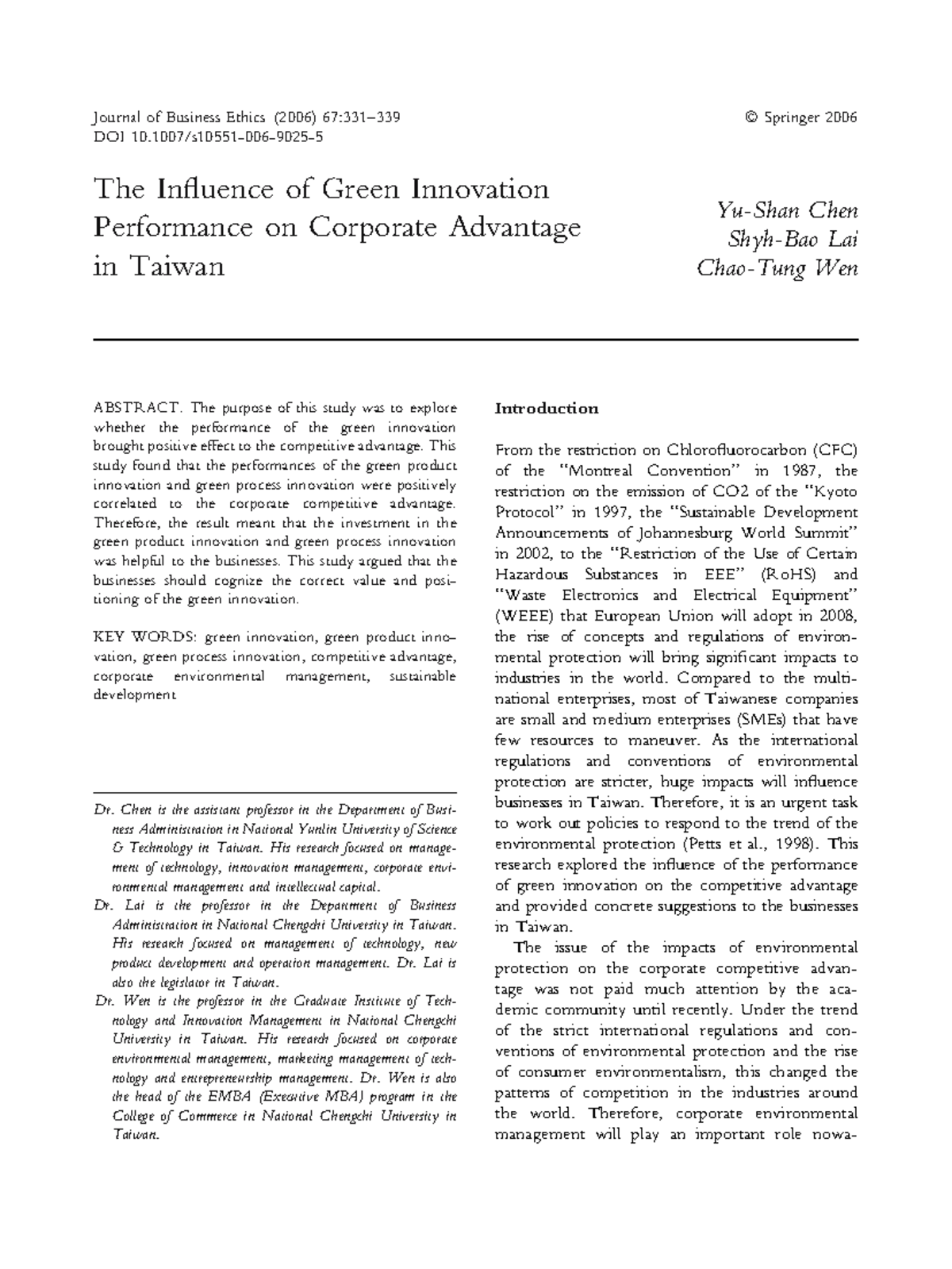 The Impact of Green Innovation on Corporate Advantage in Taiwan: A ...