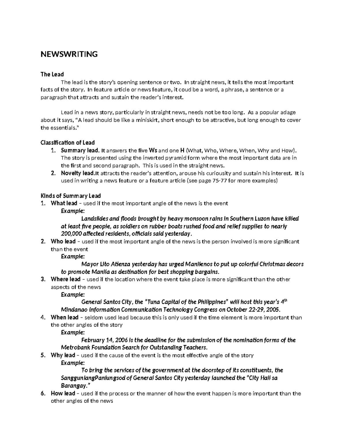NEWSWRITING 101: Understanding the Lead in News Stories - Studocu