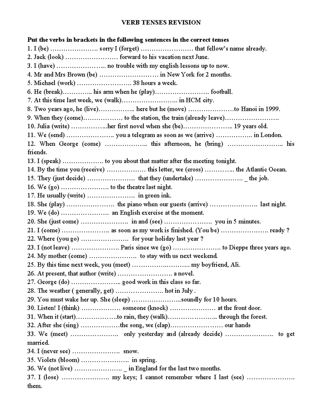 VERB Tenses Revision Exercises for Language Study (30 items) - Studocu
