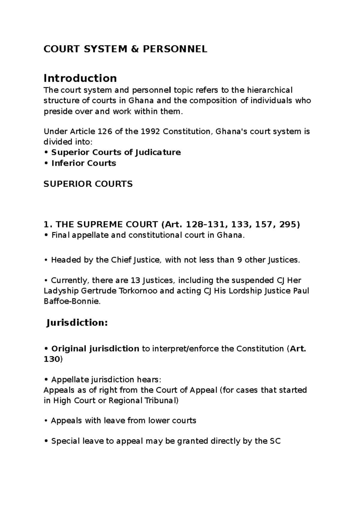 COURT SYSTEM PERSONNEL: Structure and Jurisdiction in Ghana - Studocu
