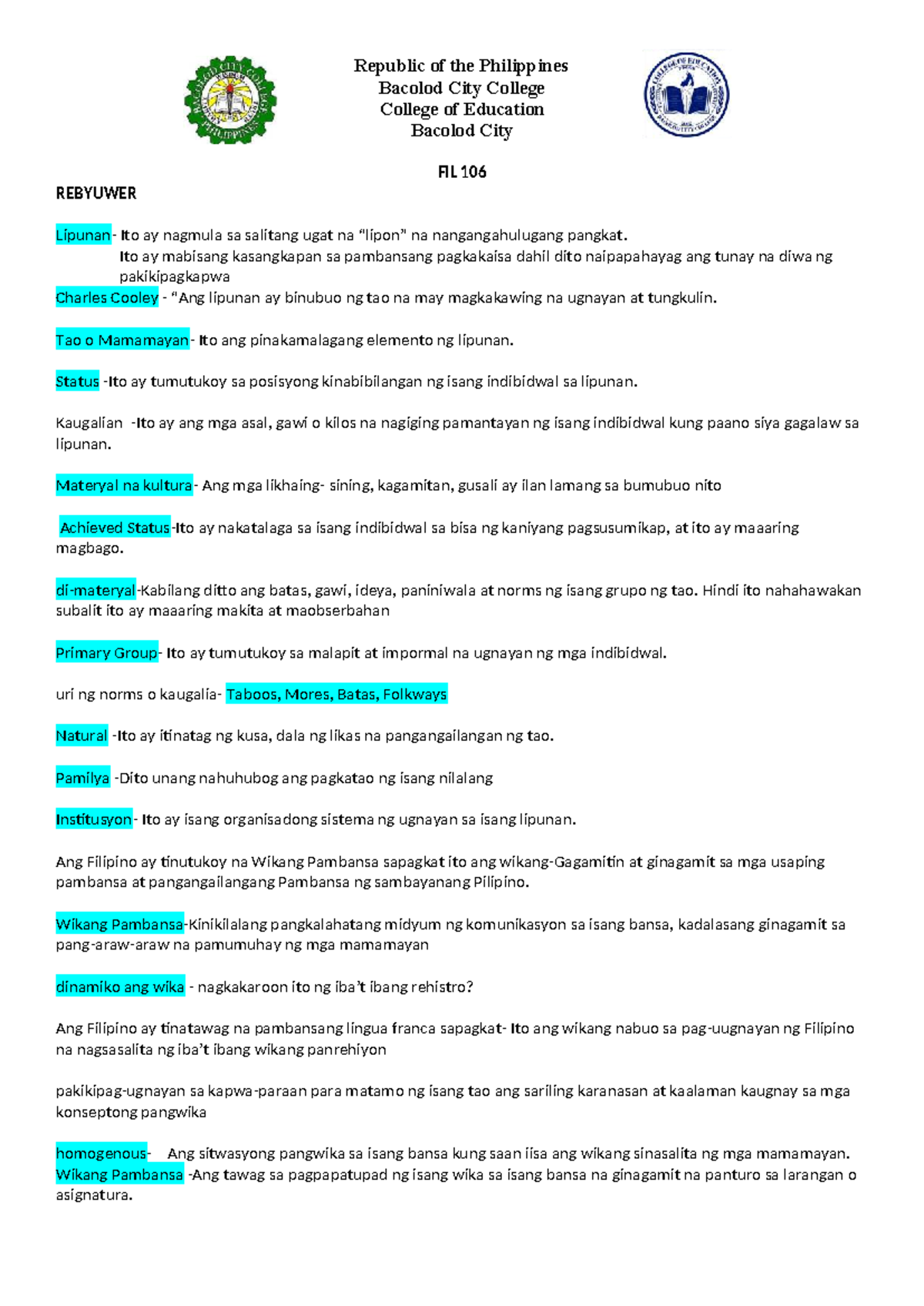 Fil 106 reviewer midterm 2024 2025 - Republic of the Philippines ...