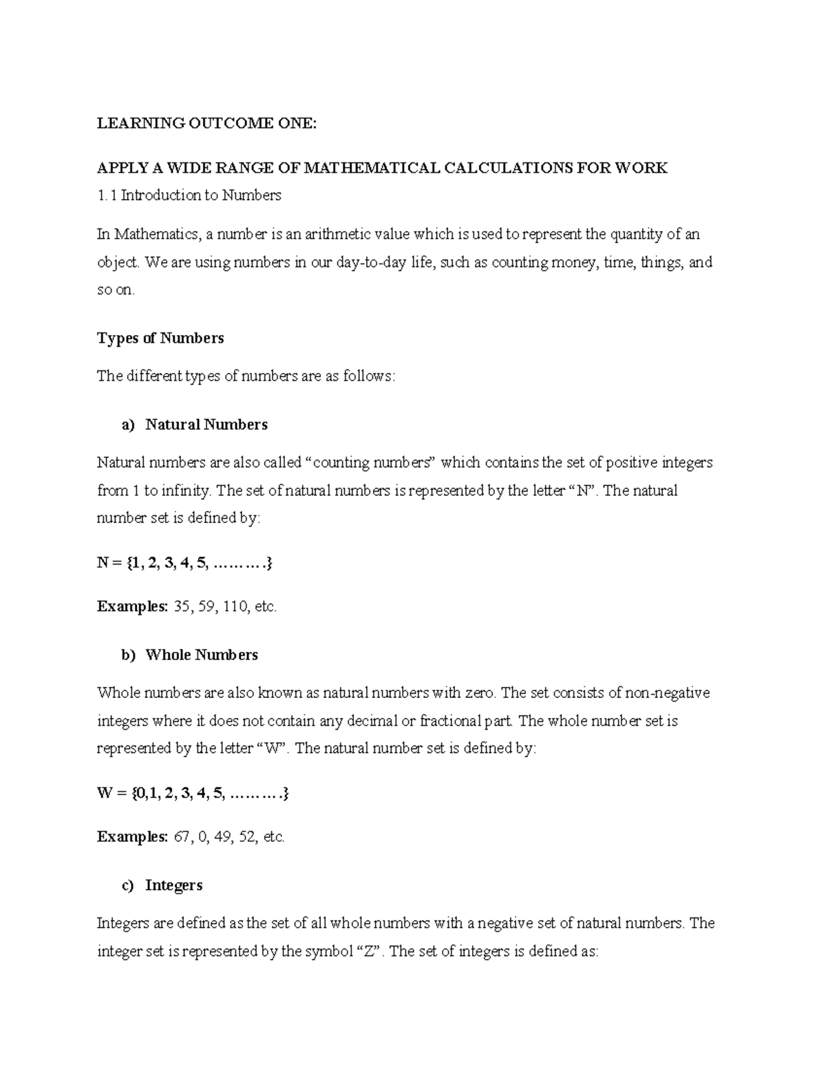 Mathematics 101: Introduction to Numerical Concepts and Operations ...
