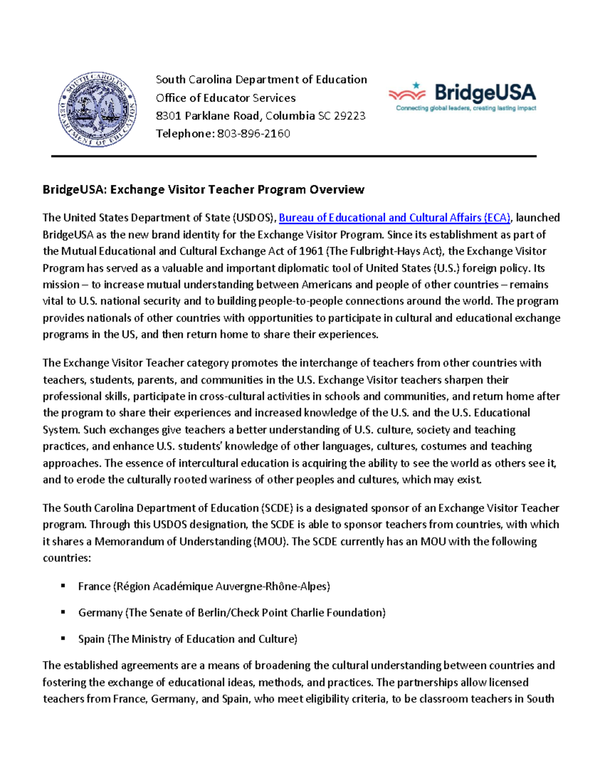 BridgeUSA SCDE Exchange Visitor Teacher Program Handbook - Studocu
