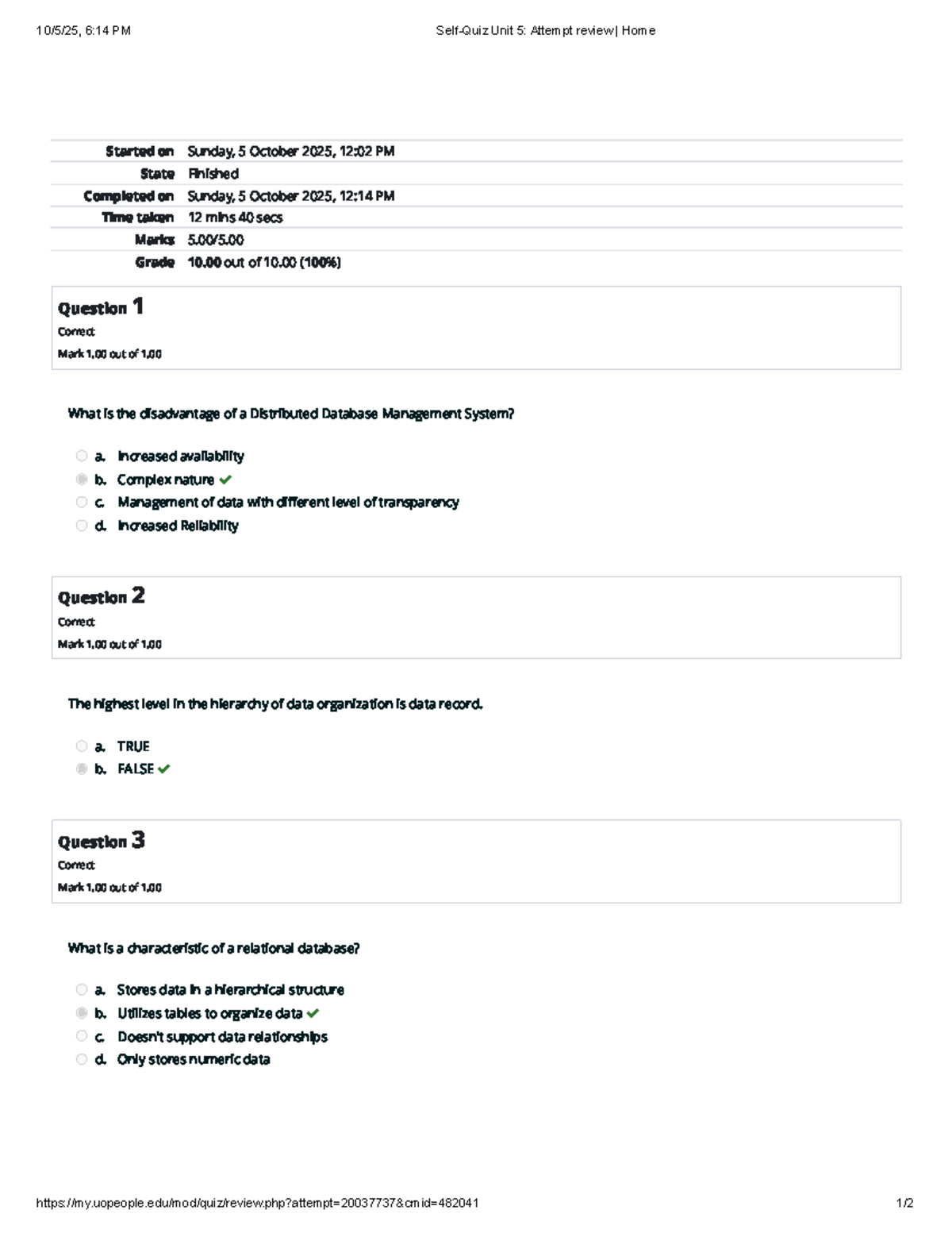 Self-Quiz Unit 5: Attempt Review and Answers - Studocu