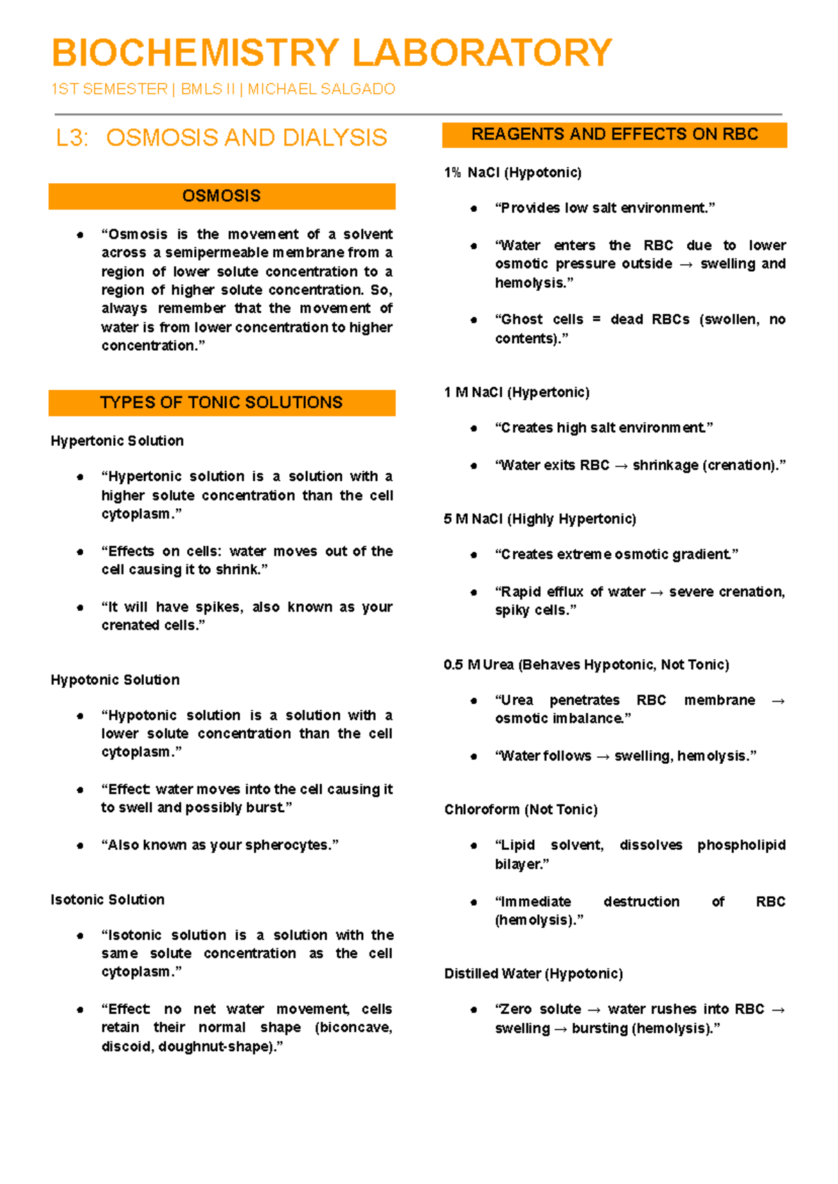 BIOCHEMISTRY LAB 1ST SEM BMLS II: OSMOSIS & DIALYSIS REAGENTS - Studocu
